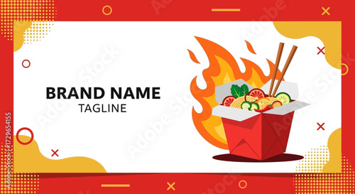 Dynamic Asian Cuisine Banner Fiery Takeout Box brimming with Fresh Stir-Fried Noodles and Vegetables, Perfect for Quick, Flavorful Meals