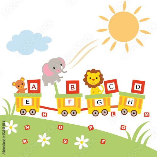 Cute cartoon animals and alphabet blocks on a train with a sun and cloud perfect for early childhood education and learning