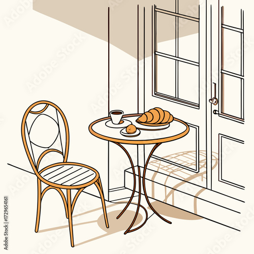 A charming illustration of a parisian cafe scene with a wrought iron chair and table set for breakfast with coffee and croissants outside a building