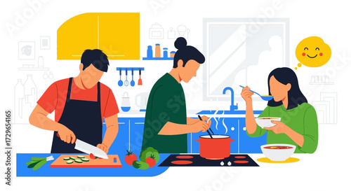 Cheerful friends or family members collaboratively cooking and enjoying a delicious, freshly prepared meal in a brightly lit, modern kitchen environment