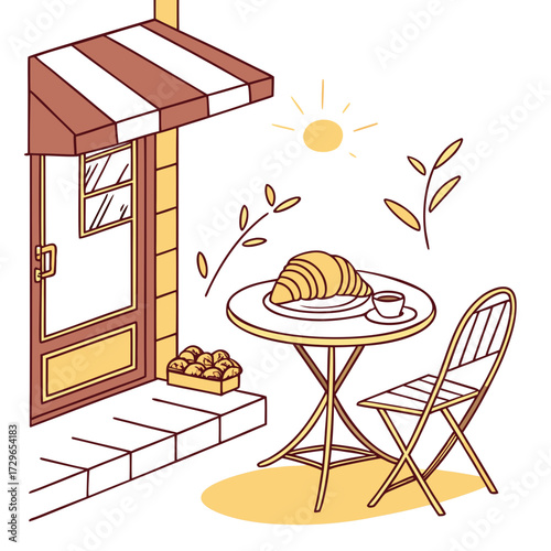 Charming parisian cafe scene with a croissant and coffee on a table outside a bakery storefront on a sunny day with decorative plants
