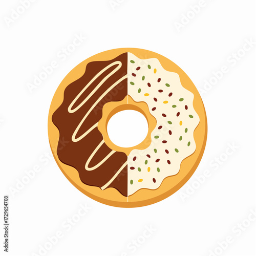 A vibrant illustration of a donut, half-covered in chocolate frosting with white drizzle and half in vanilla frosting with colorful sprinkles.