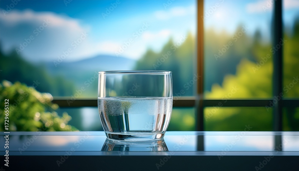 Obraz premium A Glass Of Water On Glass Table With Blurred Background