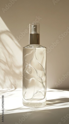 Clear glass bottle of hydrating facial mist product photography