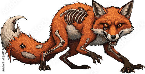 Zombie fox illustration, creepy undead animal artwork, scary wild creature, horror fantasy design, spooky cartoon monster, Halloween theme, vector drawing, nightmare