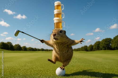 Funny gopher balancing beers on head while golfing. Use for humor, sports, bar promotions, and lifestyle marketing.

