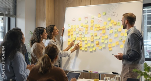Brainstorming Session with Sticky Notes on Whiteboard