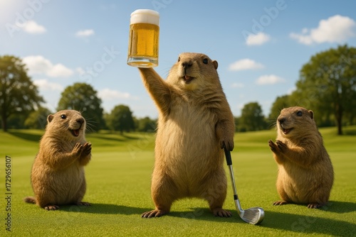 Joyful gopher toasting beer on golf course. Use for party invites, bar advertising, sports promotions, and humorous lifestyle branding.
