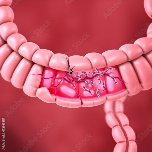 Microscopic illustration of intestinal lining with broken tight junctions and bacteria infiltrating into bloodstream, representing leaky gut syndrome and intestinal permeability.