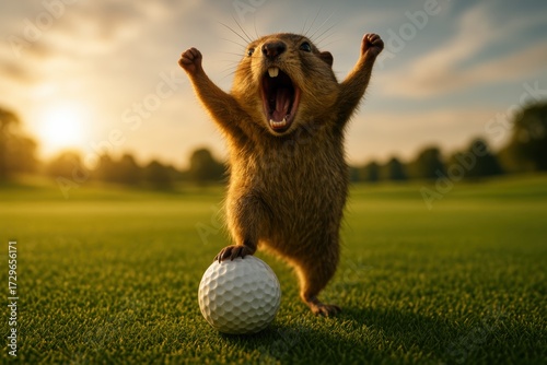 Triumphant gopher celebrating championship victory with raised fists. Great for victory marketing, championship promotions, success stories, and motivational advertising.