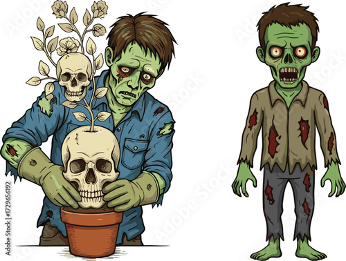 Zombie gardener planting skull flowers illustration, creepy undead character design, horror Halloween monster art, scary spooky vector artwork, nightmare gardening concept