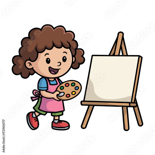 Illustration of a young girl artist painting on canvas with easel and paint palette cartoon art design vector
