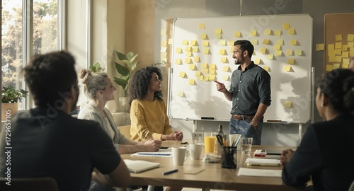 Business meeting with whiteboard, ideas and team collaboration