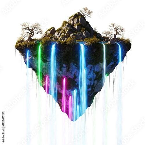 Floating Rocky Island with Colorful Neon Waterfalls and Sparse Trees in Bright White Background