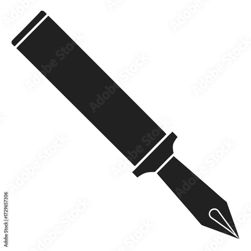 A silhouette of a classic fountain pen with its cap off, showing the nib clearly on white background