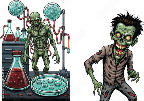 Zombie laboratory experiment illustration, creepy undead monster cartoon, scary chemical mutation design, horror infection artwork, spooky Halloween creature vector, science fiction