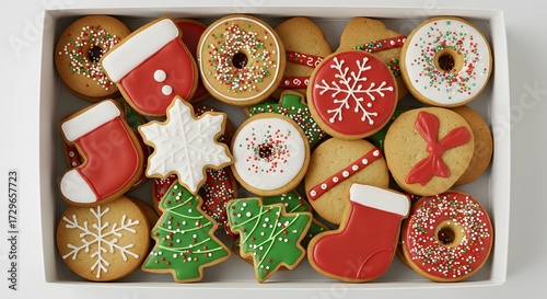 Overhead shot of a box filled with christmas themed cookies decorated with icing and sprinkles