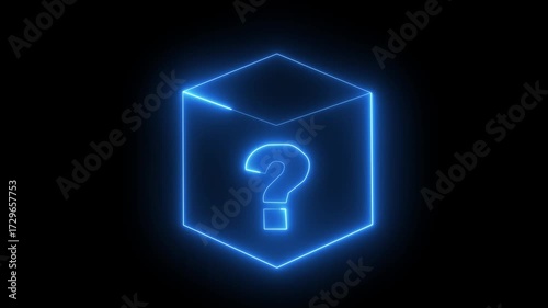 Neon glowing square frame with question mark icon. Rectangular frame with moving line Red Question Mark Icon on Blue Rectangle Background for FAQs Help Sections Information Signs