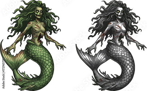 Zombie mermaid illustration, undead sea creature with scary face, creepy horror siren artwork, spooky ocean monster character, fantasy Halloween design art