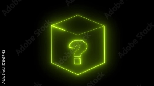 Neon glowing square frame with question mark icon. Rectangular frame with moving line Red Question Mark Icon on Blue Rectangle Background for FAQs Help Sections Information Signs
