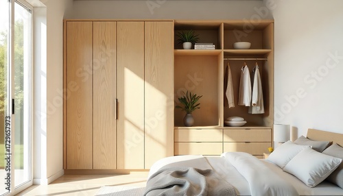 Light wood wardrobe and bed in a bright bedroom with natural light coming through the window