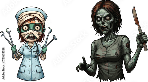 Zombie nurse character, scary undead woman, creepy horror doctor, spooky hospital staff, haunted medical worker, gothic monster, frightening undead nurse illustration artwork