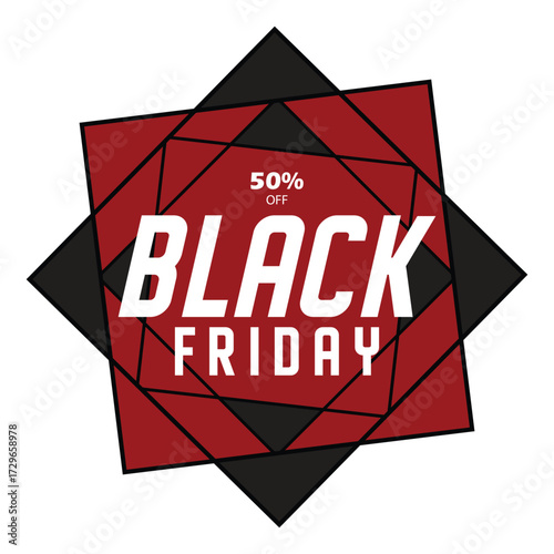 Geometric black and red shapes highlight fifty percent off for Black Friday sale