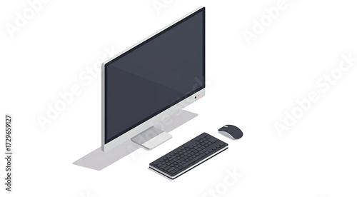 Isometric Computer Monitor Keyboard and Mouse Set on White Background with Shadows