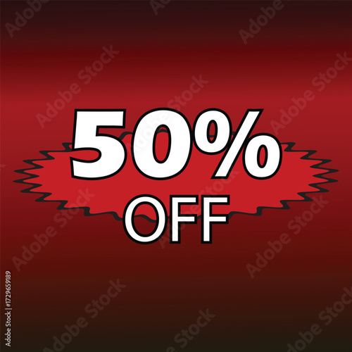 A fifty percent off notification boldly showcased against a vibrant gradient red background