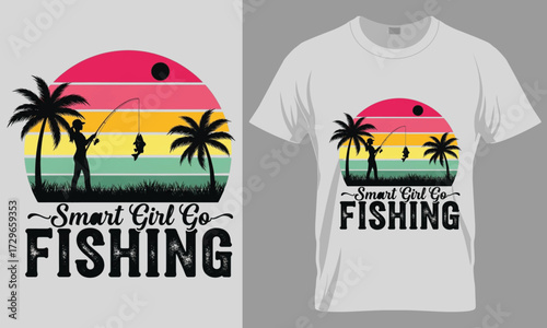 Smart Girl Go Fishing T-Shirt Design Vector - Retro Sunset Silhouette Female Angler

