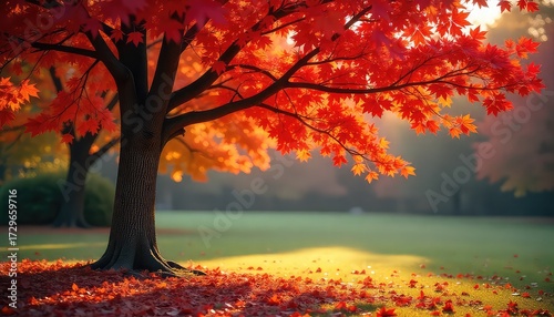 A vibrant maple tree displaying its autumn colors with leaves scattered on the ground in a park setting