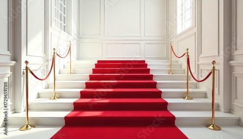 A red carpet on white stairs with gold stanchions in a bright white room with paneling and windows