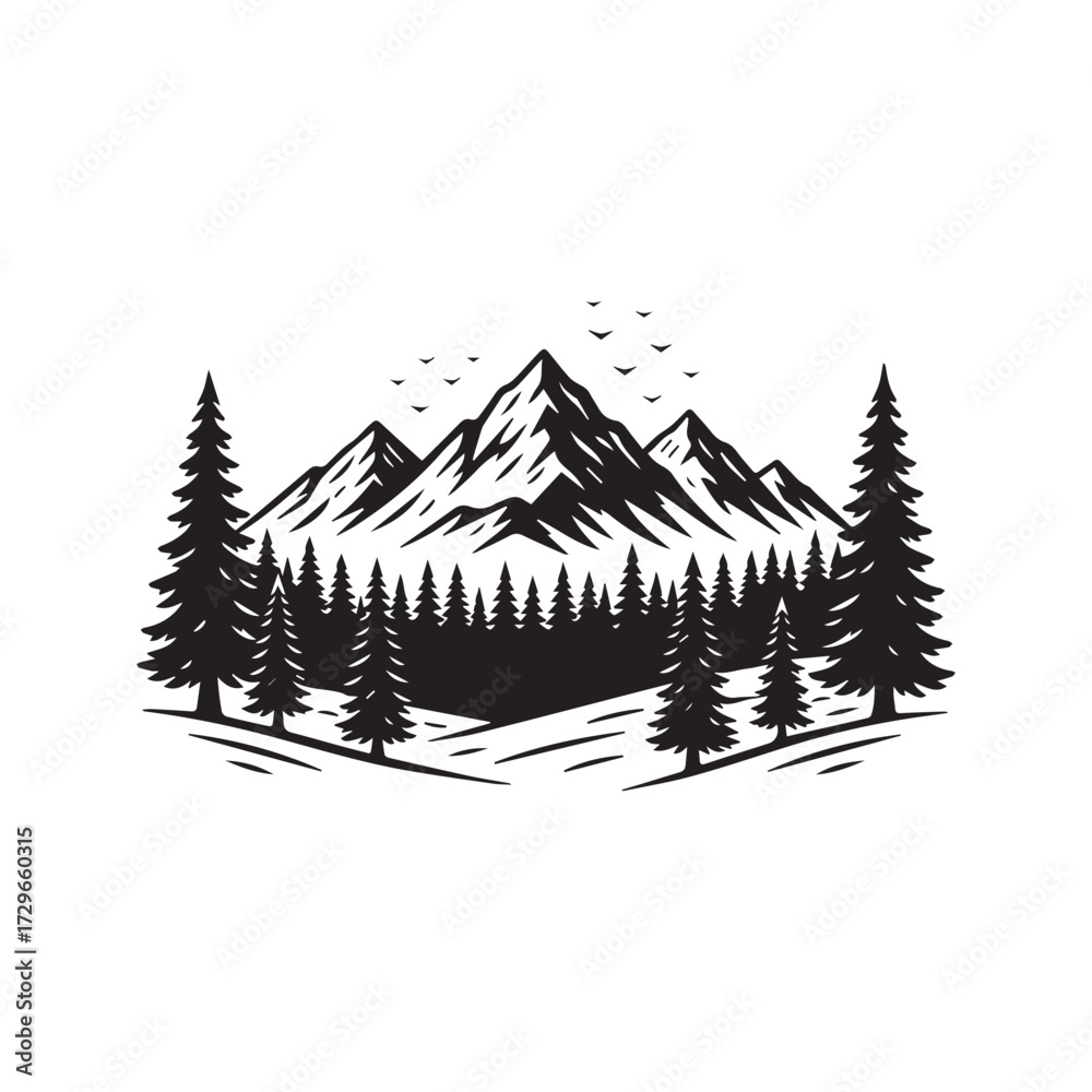 Obraz premium Mountain Range Silhouette with Pine Forest and Flying Birds Vector Illustration