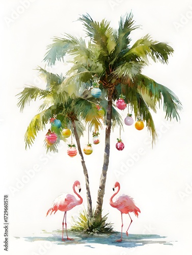 Watercolor painting shows two flamingos near decorated palm trees, celebrating a tropical Christmas holiday.