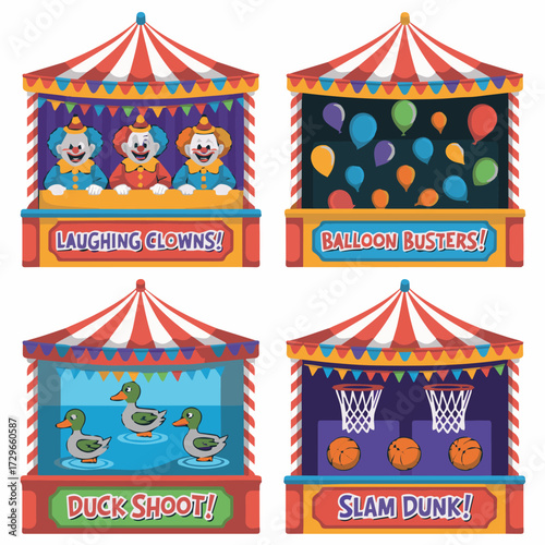 Carnival games vector illustration featuring clowns balloons ducks and basketball for fun fair events