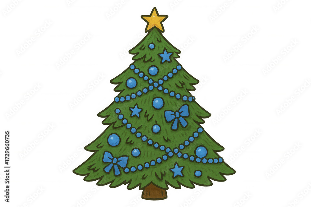 Fototapeta premium Decorated christmas tree with blue ornaments, bows, and star, representing holiday spirit and festive celebrations