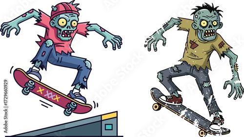 Zombie skateboarder illustration, horror skating artwork, undead extreme sports character, scary monster cartoon, creepy zombie skater design, urban street art graphic