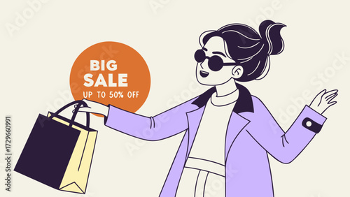 woman with shopping bags vector. Trendy woman celebrating a big sale, carrying shopping bags with discounts up to 50% off. Shopping banner vector. Big sale banner.
