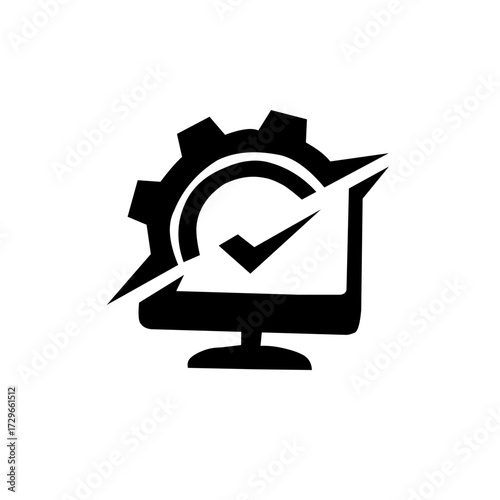A black silhouette icon of a computer monitor with a gear, checkmark, and arrow, symbolizing system optimization, efficiency, performance, and software management.