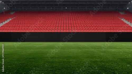 Blank stadium advertising board provides a perfect mockup space against vibrant green grass and red seats