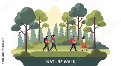 Vector illustration of a diverse group of young friends hiking together in a lush green forest, carrying backpacks for a nature walk adventure.