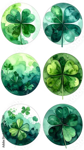 Six watercolor shamrocks, varying shades of green, on white background