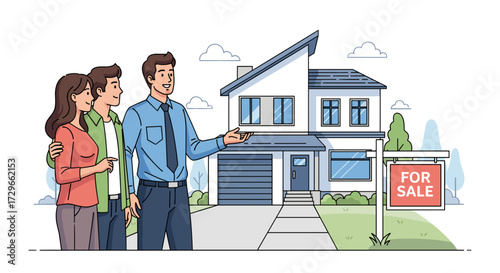 Realtor presenting modern home with 'for sale' sign to couple, depicting property purchase. Vector illustration, SVG, isolated on transparent background.