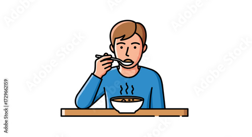 Man enjoying a warm meal from a bowl with a spoon at a table, depicting a cozy breakfast or dinner moment, isolated on transparent background vector illustration svg.
