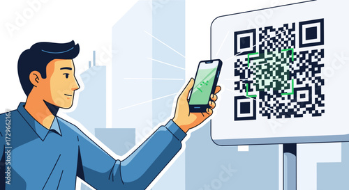 Man scanning a digital QR code with his smartphone, enabling quick access to information in an urban setting. Modern technology vector illustration isolated on transparent background.