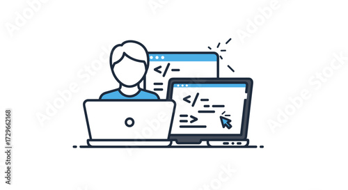 Software developer coding on laptop with multiple screens, representing technology and IT development concept, vector illustration, svg, isolated on transparent background.