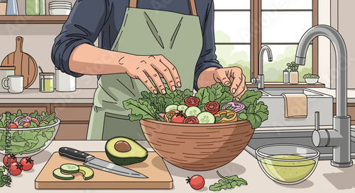 Person preparing a fresh healthy organic vegetable salad in a wooden bowl inside a modern kitchen with natural light. Svg vector illustration concept art.