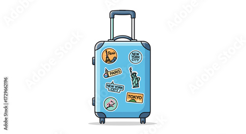 Blue travel suitcase with global destination stickers, symbolizing world exploration, isolated on transparent background, svg vector illustration.
