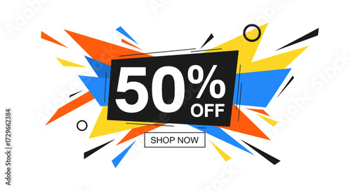 Colorful dynamic 50% OFF sale banner, 'shop now' button for e-commerce advertising and promotion. Vector illustration SVG, isolated transparent background.