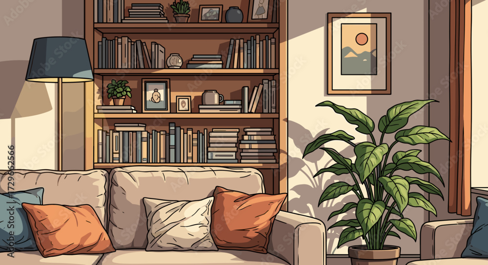 Fototapeta premium Cozy living room interior with a comfortable sofa, warm sunlight, bookshelf filled with books, houseplant, and lamp, vector illustration isolated on transparent background.